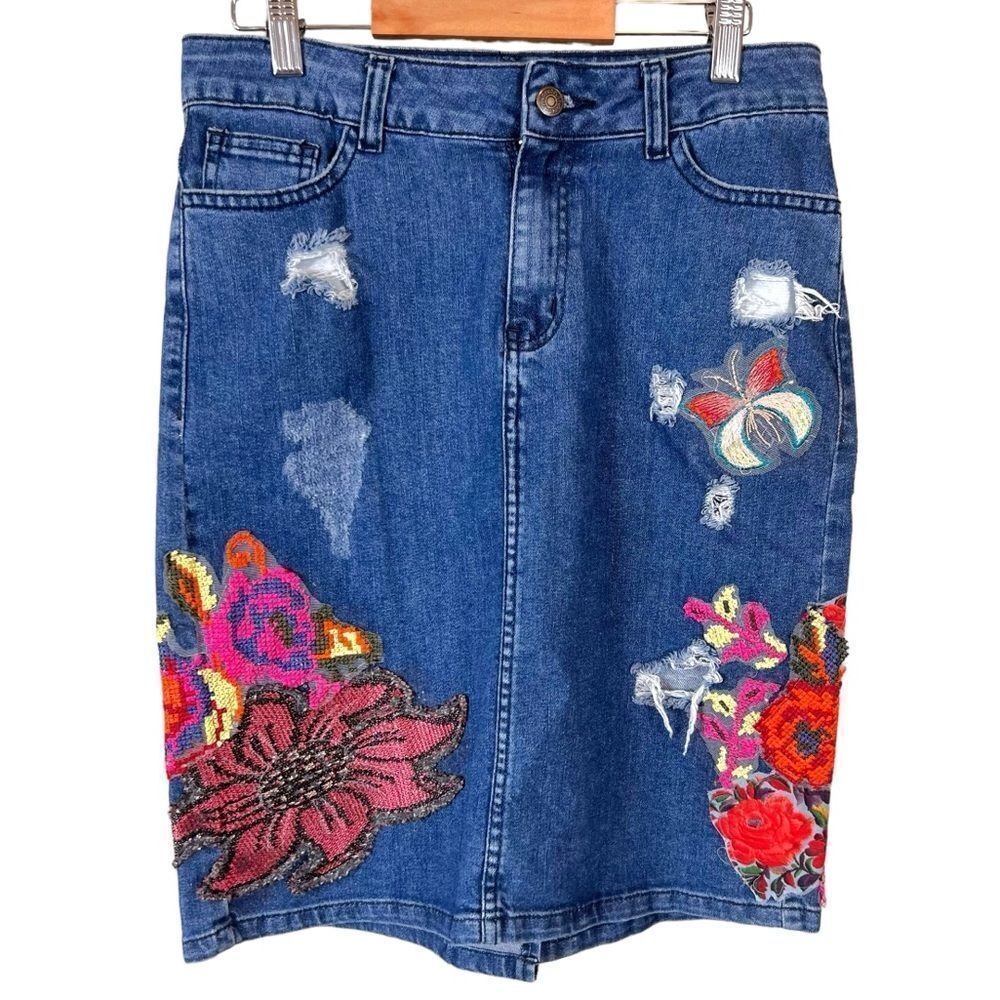 Anthropologie Cecilia Prado Gardener Butterfly Embroidered Denim Skirt